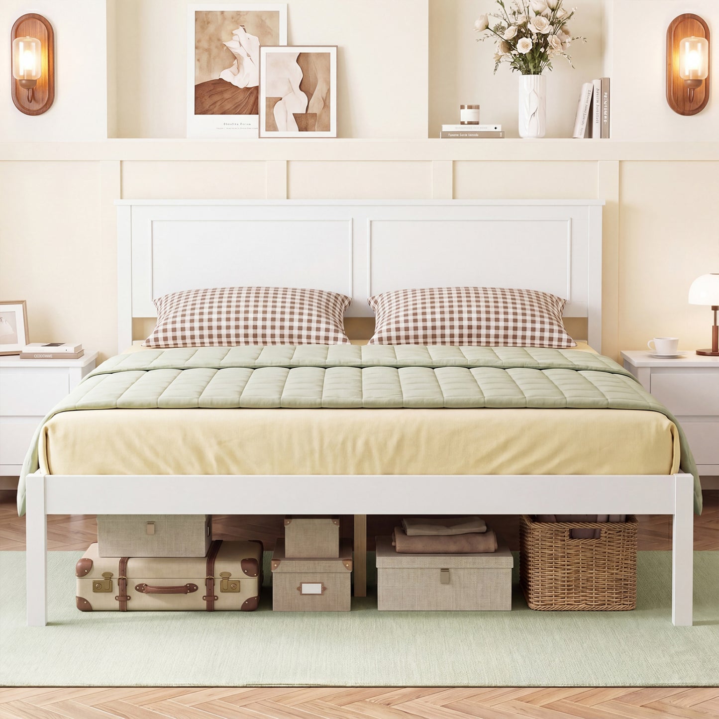 Full Size Farmhouse Wooden Platform Bed with Headboard, White Simple Bed Frame at Gallery Canada