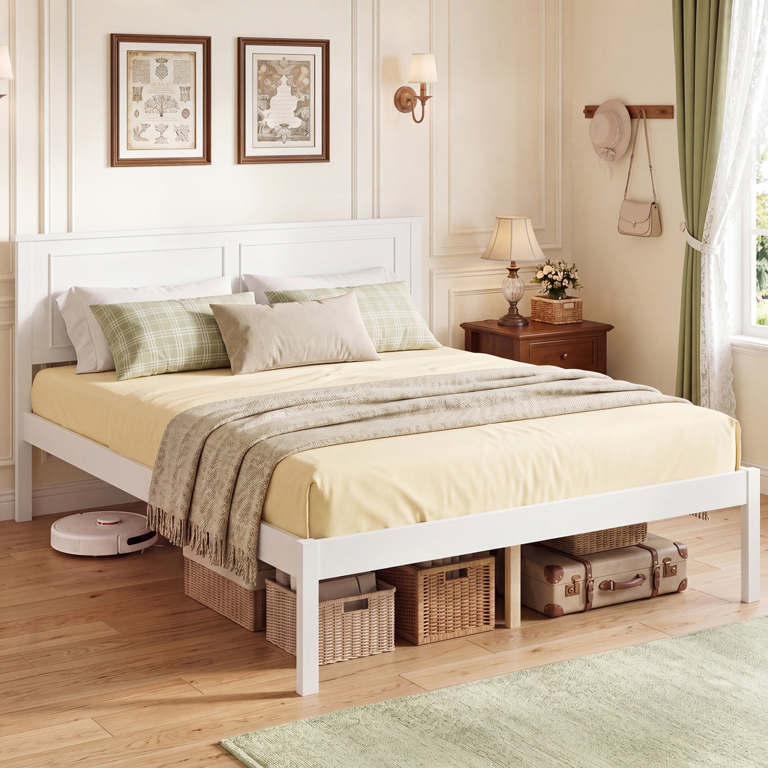 Full Size Farmhouse Wooden Platform Bed with Headboard, White Simple Bed Frame at Gallery Canada