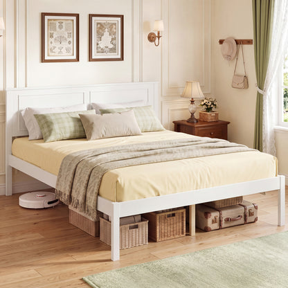 Full Size Farmhouse Wooden Platform Bed with Headboard, White Simple Bed Frame at Gallery Canada