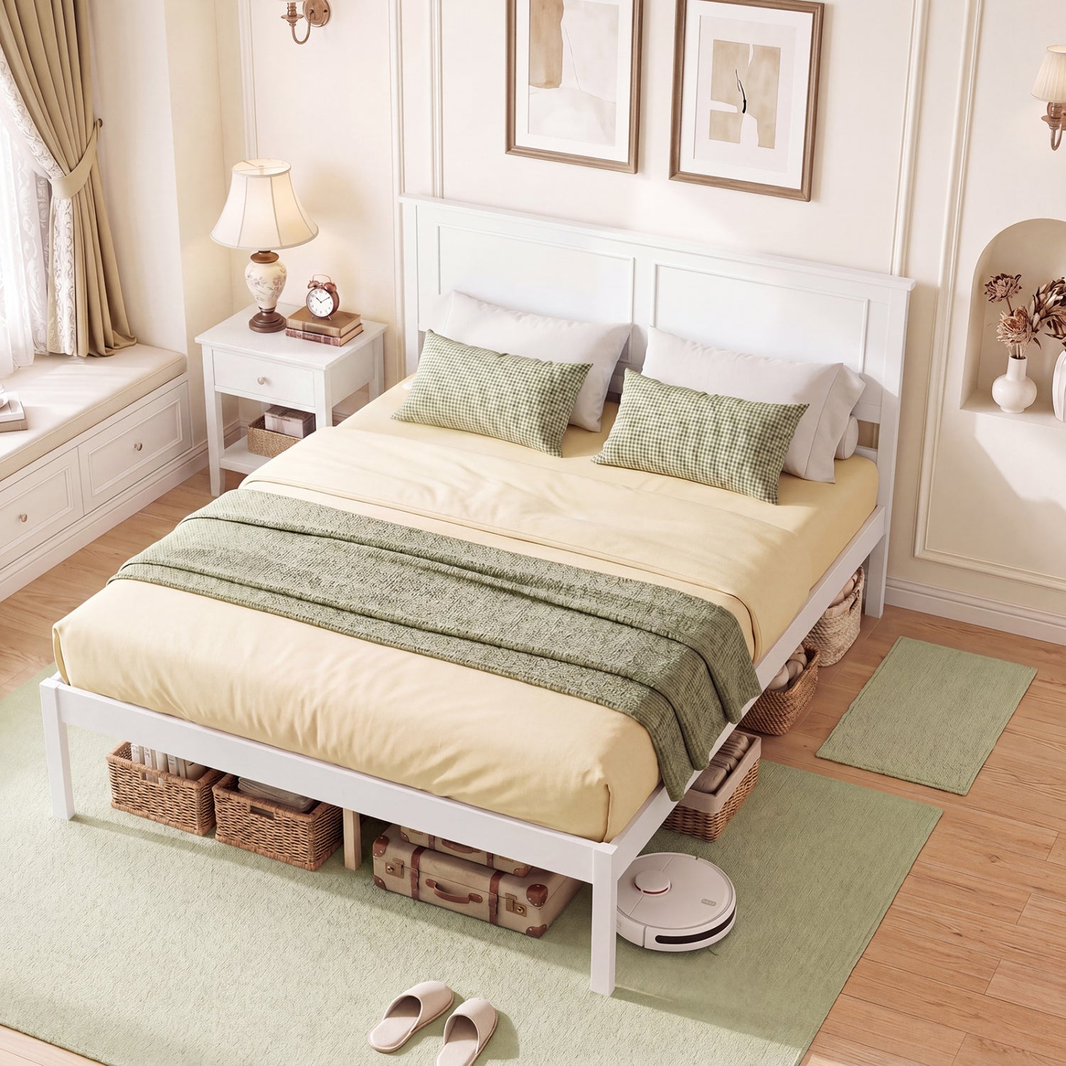 Full Size Farmhouse Wooden Platform Bed with Headboard, White Simple Bed Frame at Gallery Canada