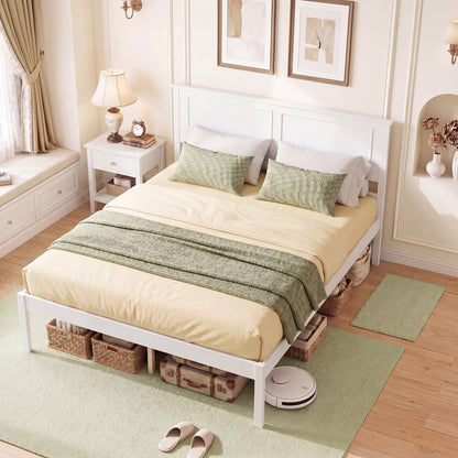 Full Size Farmhouse Wooden Platform Bed with Headboard, White Simple Bed Frame at Gallery Canada