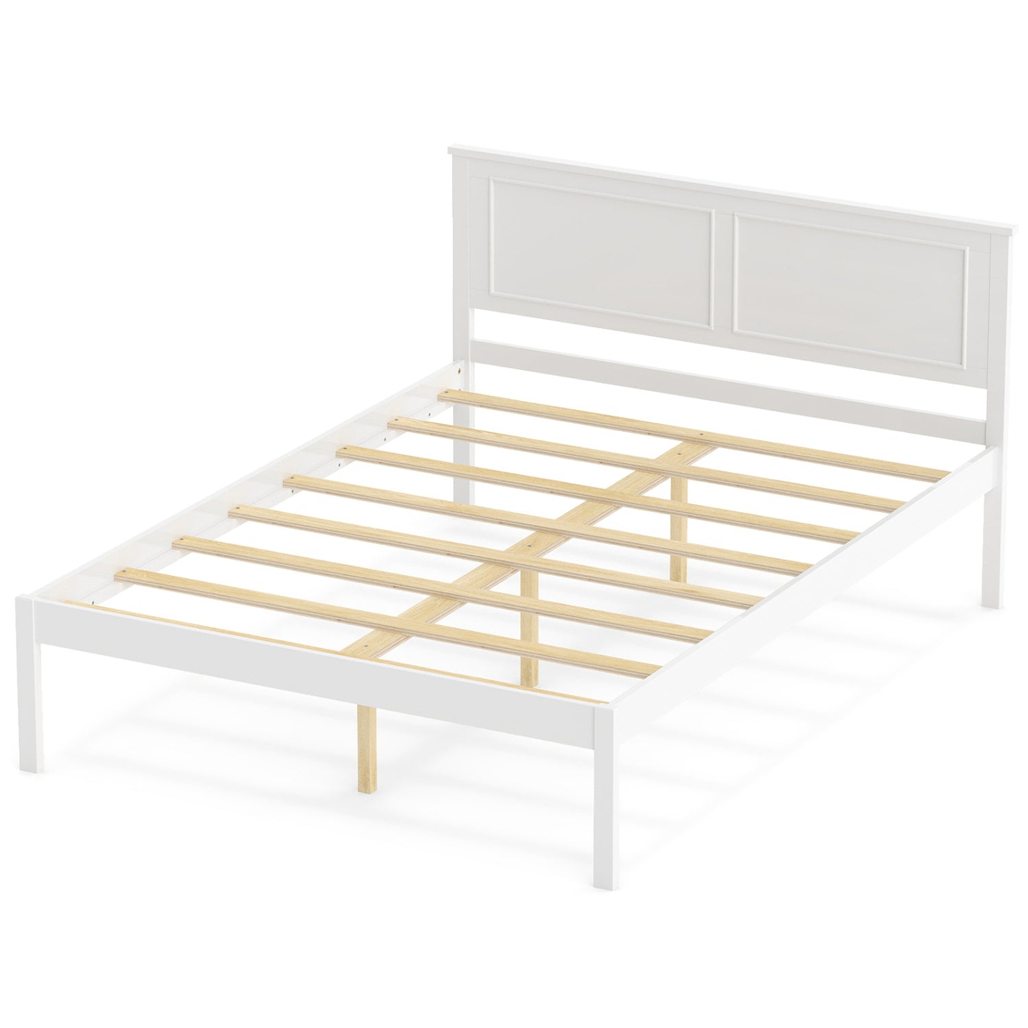 Full Size Farmhouse Wooden Platform Bed with Headboard, White Simple Bed Frame at Gallery Canada