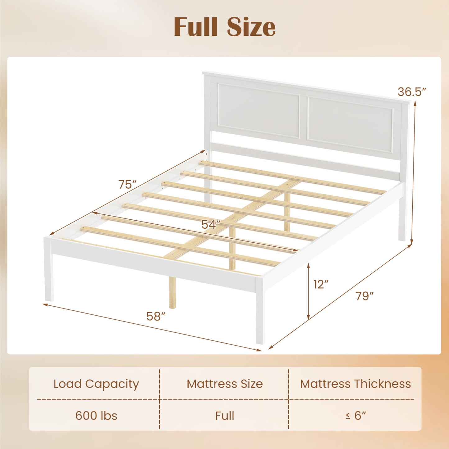 Full Size Farmhouse Wooden Platform Bed with Headboard, White Simple Bed Frame at Gallery Canada