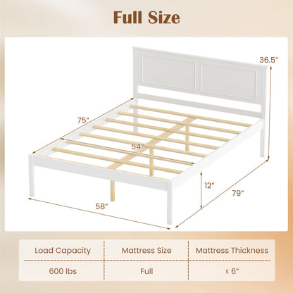 Full Size Farmhouse Wooden Platform Bed with Headboard, White Simple Bed Frame at Gallery Canada