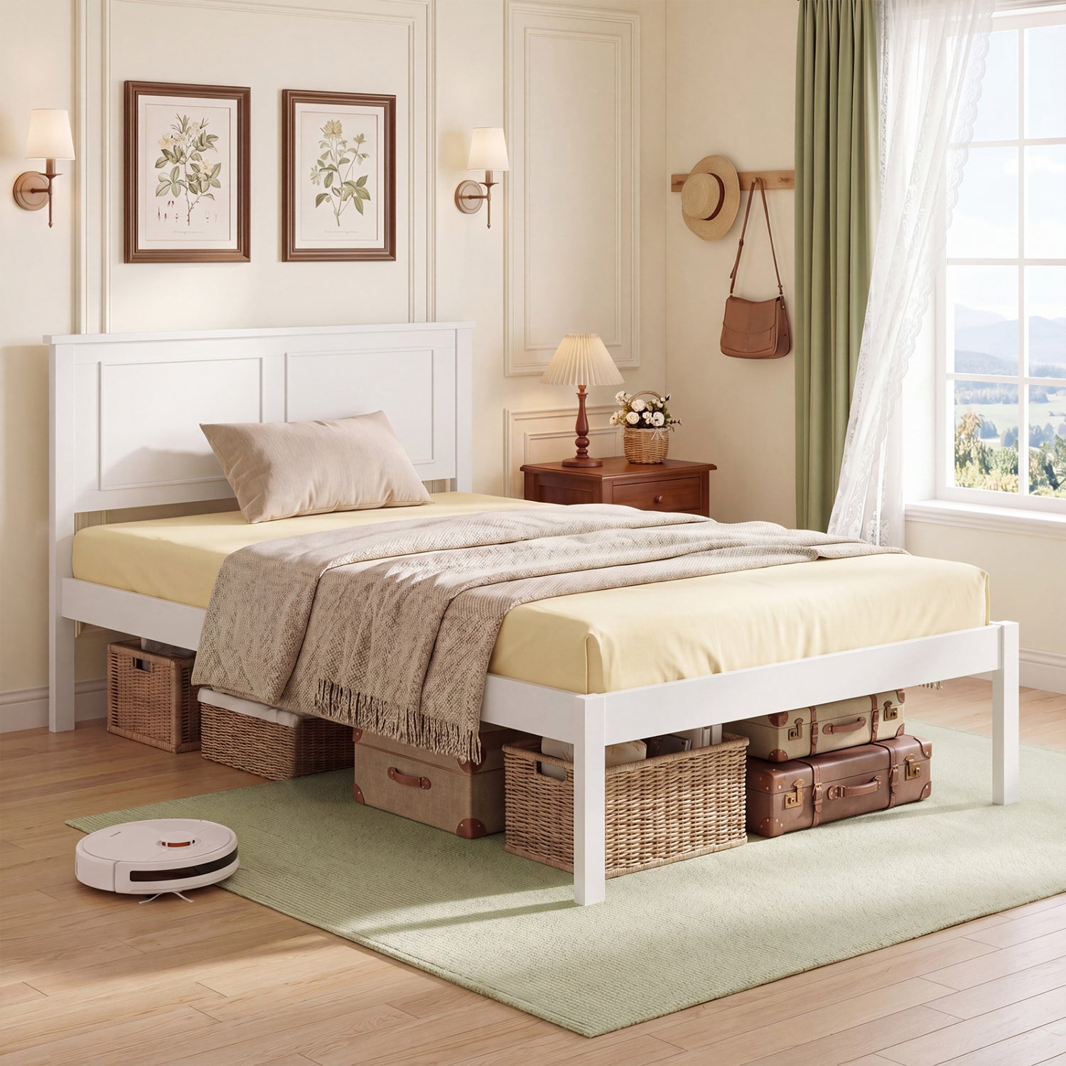 Twin Size Farmhouse Wood Platform Bed With Headboard, White Simple Bed Frame at Gallery Canada