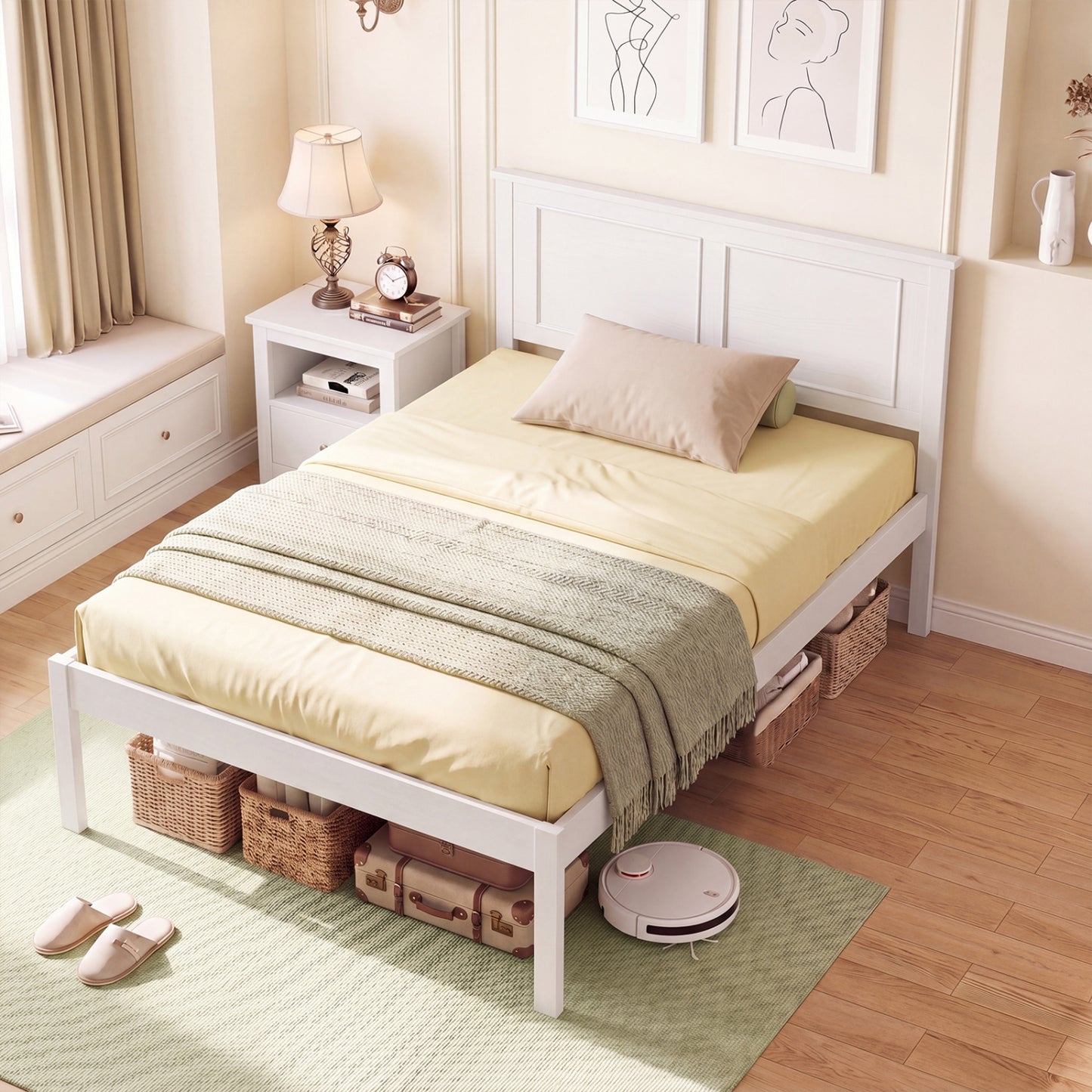 Twin Size Farmhouse Wood Platform Bed With Headboard, White Simple Bed Frame at Gallery Canada
