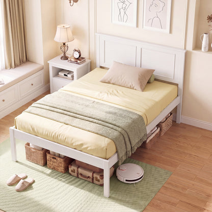 Twin Size Farmhouse Wood Platform Bed With Headboard, White Simple Bed Frame at Gallery Canada