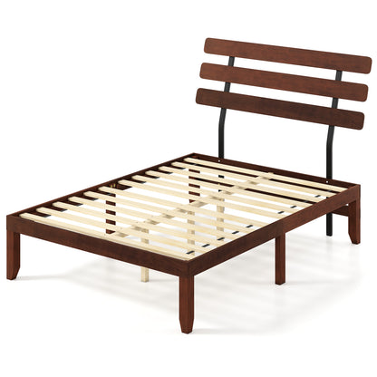 Full Size Bed Frame, 15.5 Inch, Solid Wood Platform, Retro Headboard, Walnut Simple Bed Frame Walnut at Gallery Canada