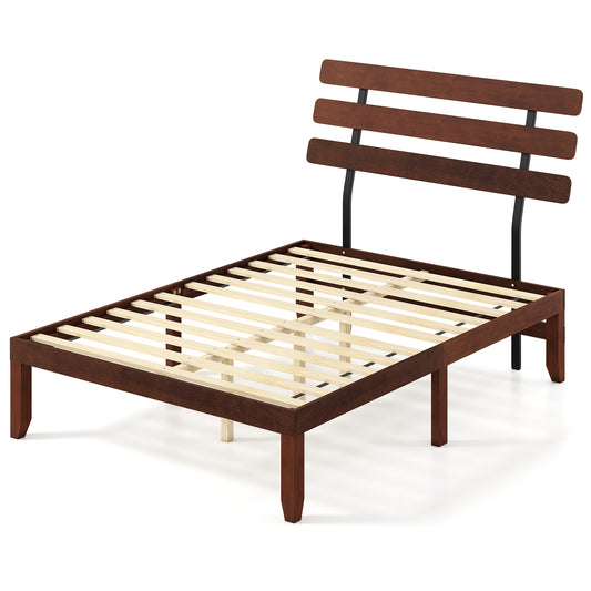 Full Size Bed Frame, 15.5 Inch, Solid Wood Platform, Retro Headboard, Walnut Simple Bed Frame Walnut at Gallery Canada