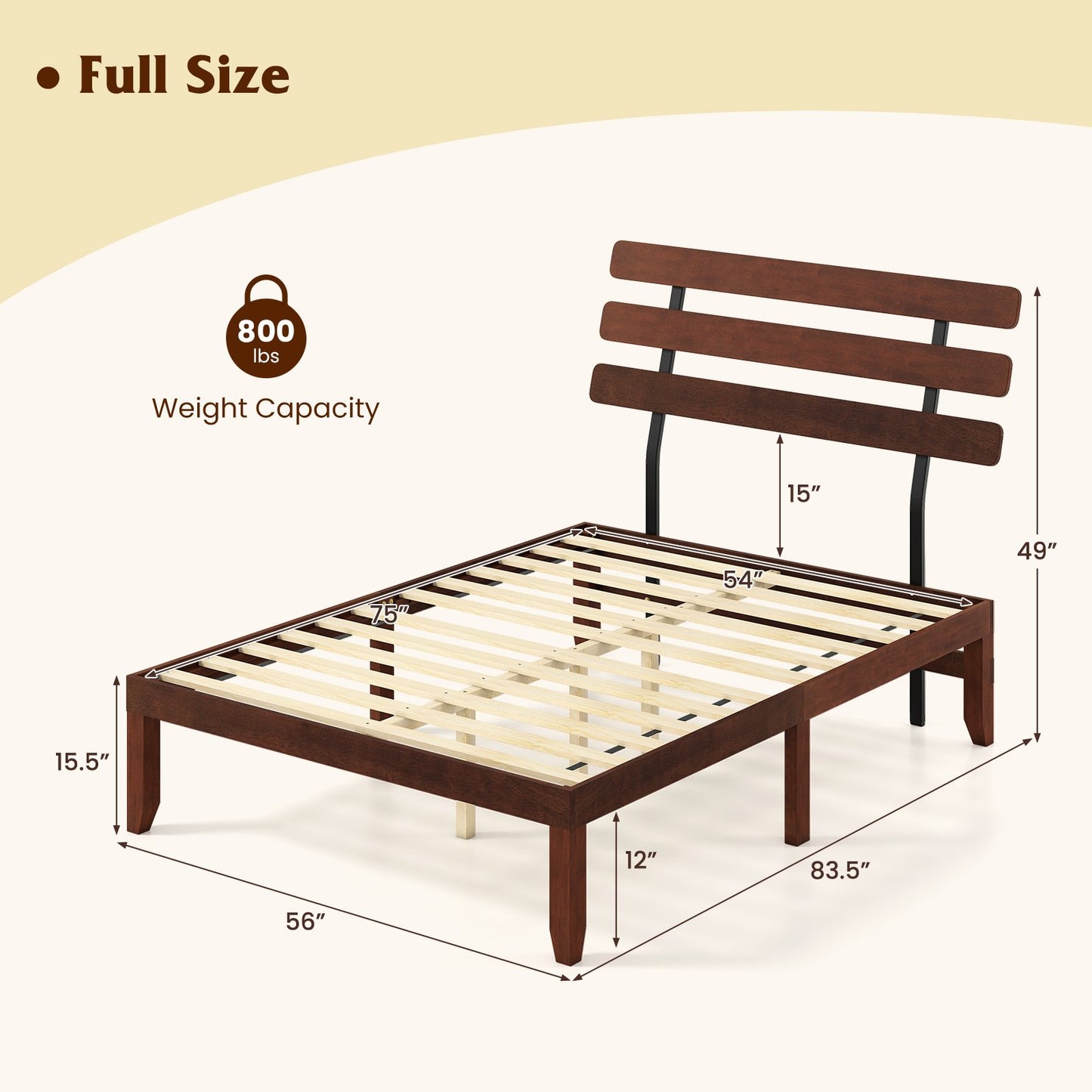 Full Size Bed Frame 15.5 Inch Solid Wood Platform Bed with Retro Headboard, Walnut Simple Bed Frame at Gallery Canada