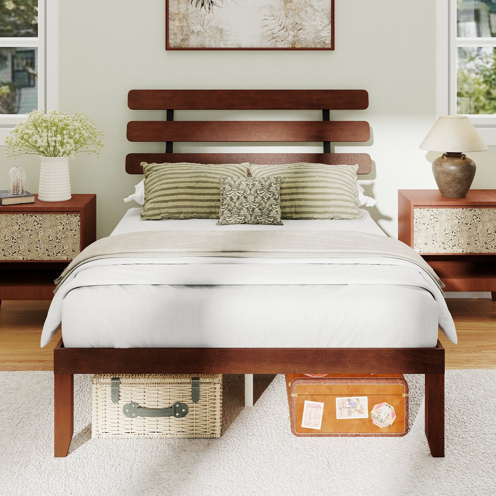 Full Size Bed Frame 15.5 Inch Solid Wood Platform Bed with Retro Headboard, Walnut Simple Bed Frame at Gallery Canada