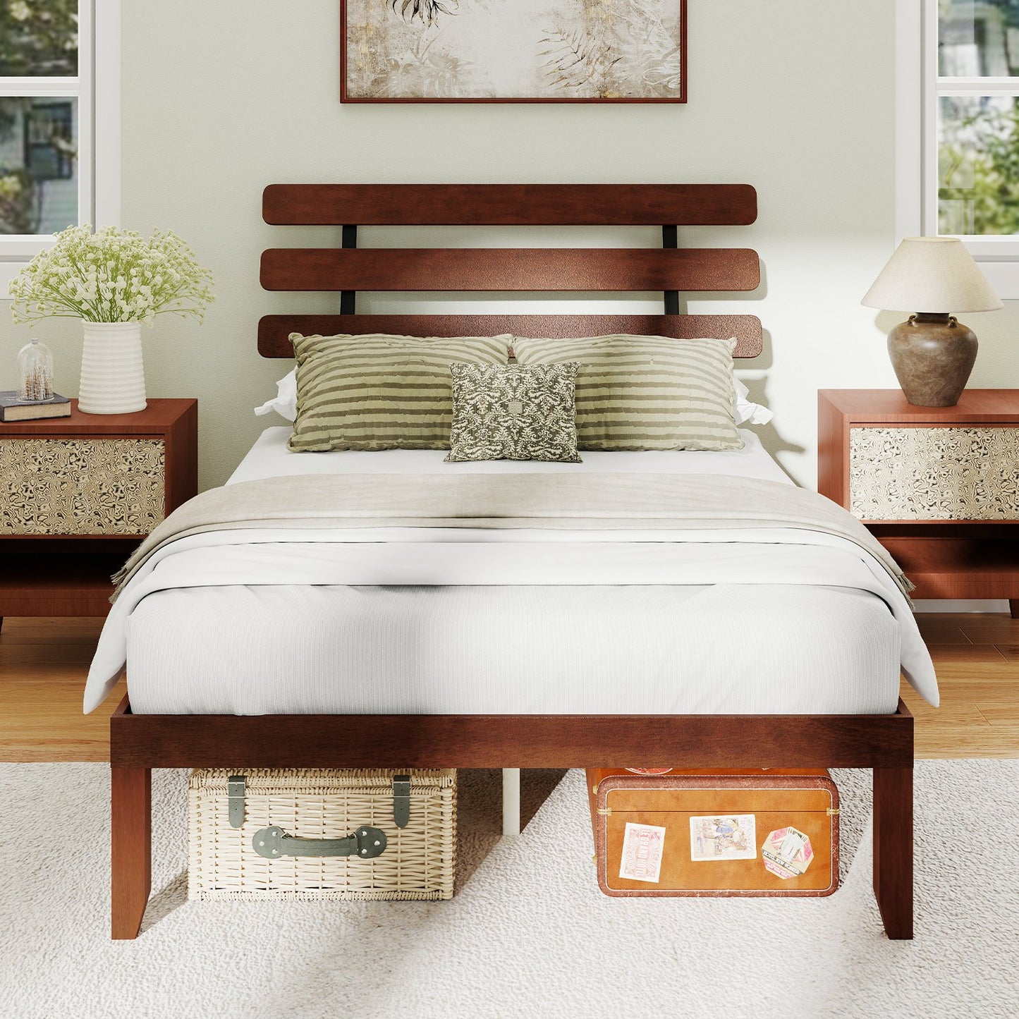 Full Size Bed Frame 15.5 Inch Solid Wood Platform Bed with Retro Headboard, Walnut Simple Bed Frame at Gallery Canada