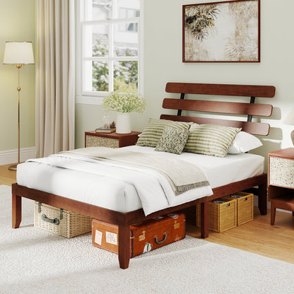 Full Size Bed Frame 15.5 Inch Solid Wood Platform Bed with Retro Headboard, Walnut Simple Bed Frame at Gallery Canada