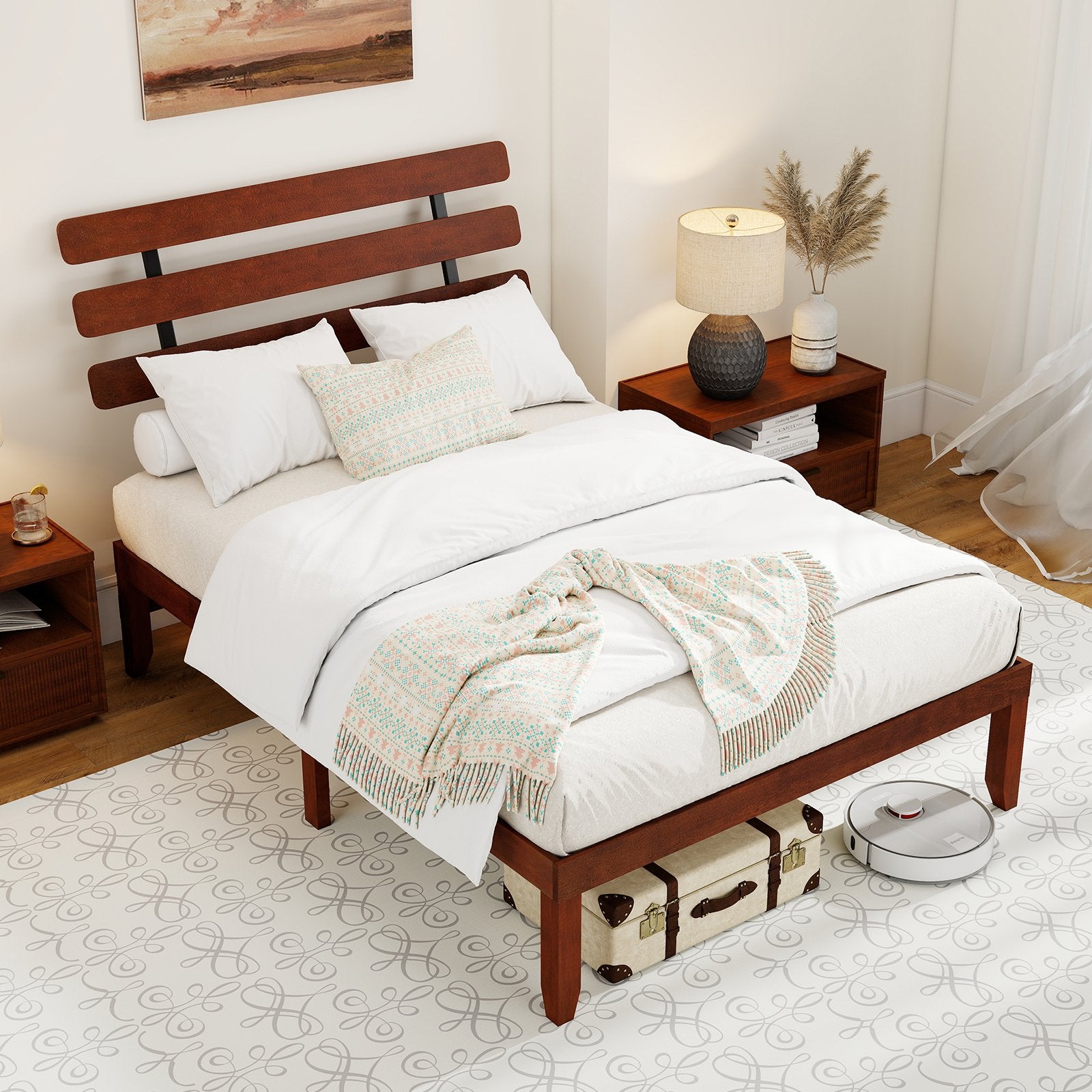 Full Size Bed Frame 15.5 Inch Solid Wood Platform Bed with Retro Headboard, Walnut Simple Bed Frame at Gallery Canada