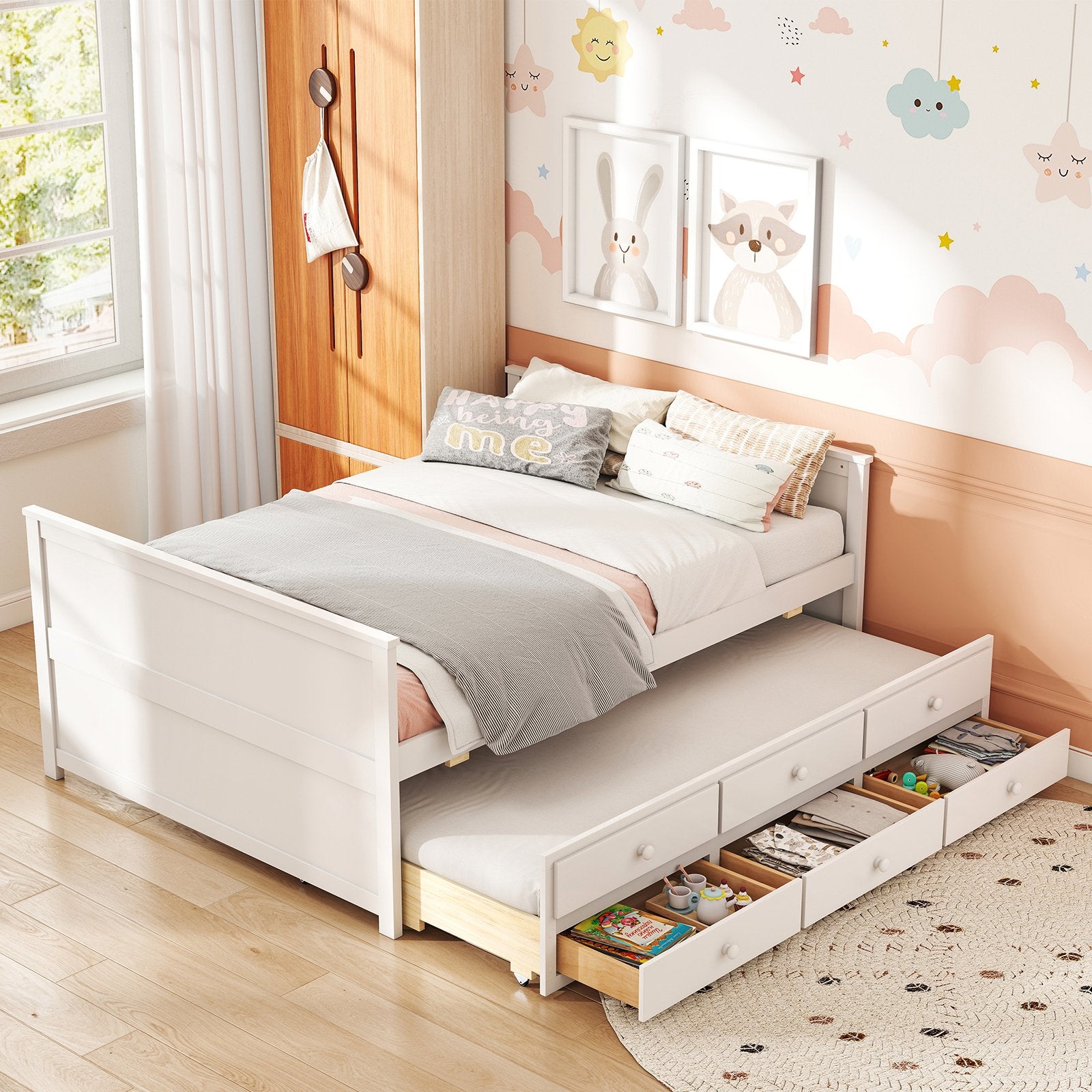 Full Size Bed Frame with Twin Trundle and 3 Storage Drawers for Teens Adults, White Trundle Bed Frame at Gallery Canada