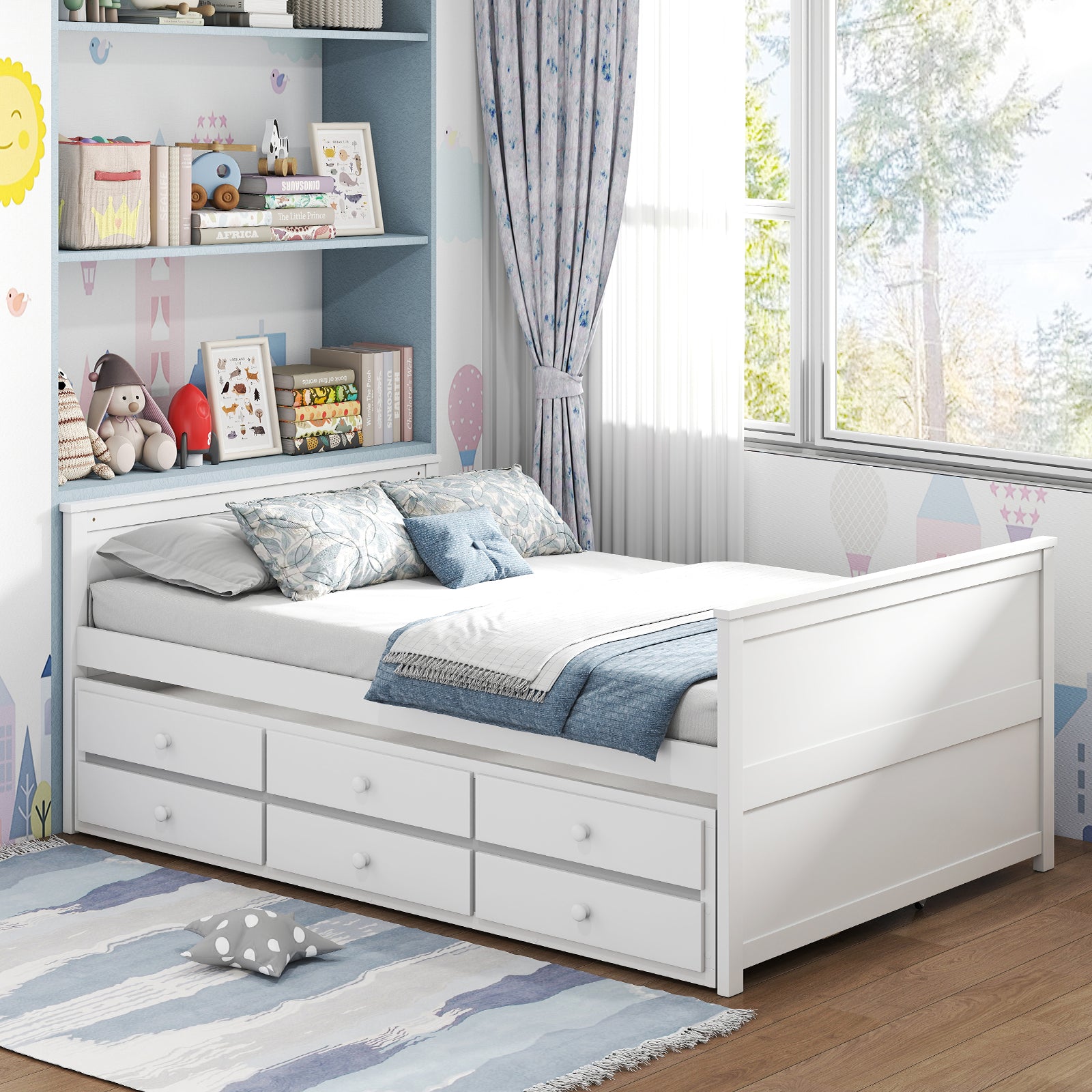 Full Size Bed Frame with Twin Trundle and 3 Storage Drawers for Teens Adults, White Trundle Bed Frame at Gallery Canada