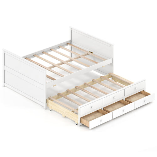 Full Size Bed Frame with Twin Trundle and 3 Storage Drawers for Teens Adults, White