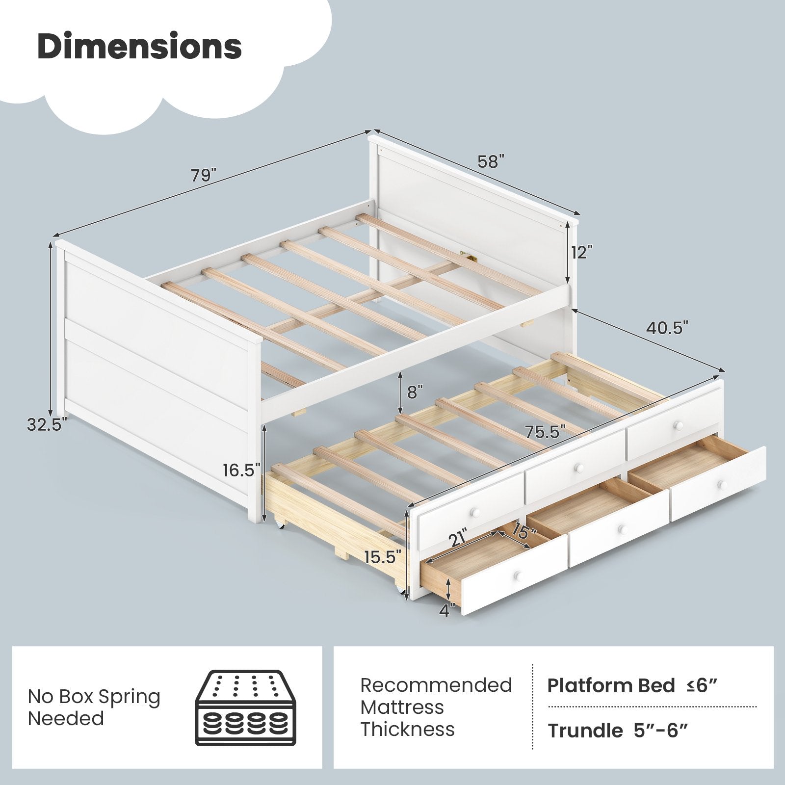 Full Size Bed Frame with Twin Trundle and 3 Storage Drawers for Teens Adults, White Trundle Bed Frame at Gallery Canada