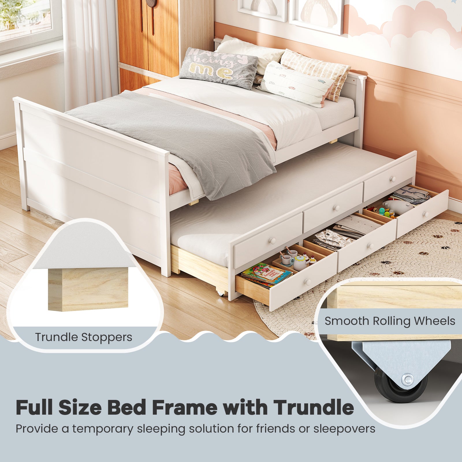 Full Size Bed Frame with Twin Trundle and 3 Storage Drawers for Teens Adults, White Trundle Bed Frame at Gallery Canada