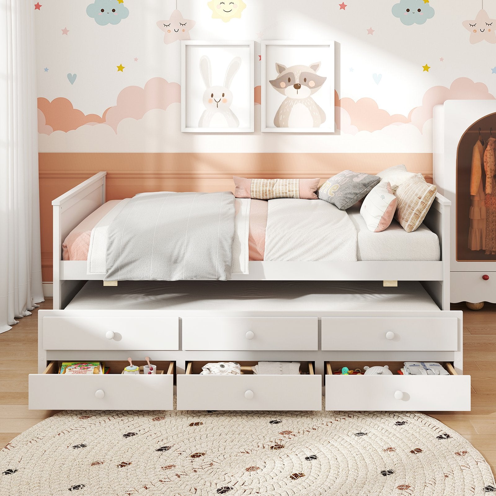 Full Size Bed Frame with Twin Trundle and 3 Storage Drawers for Teens Adults, White Trundle Bed Frame at Gallery Canada