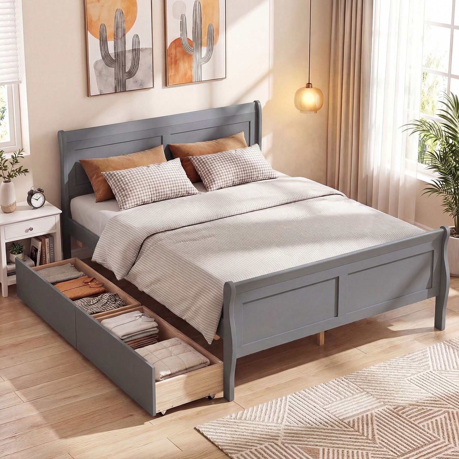 Full Size Bed Frame, 2 Storage Drawers, Footboard, Gray Simple Bed Frame at Gallery Canada