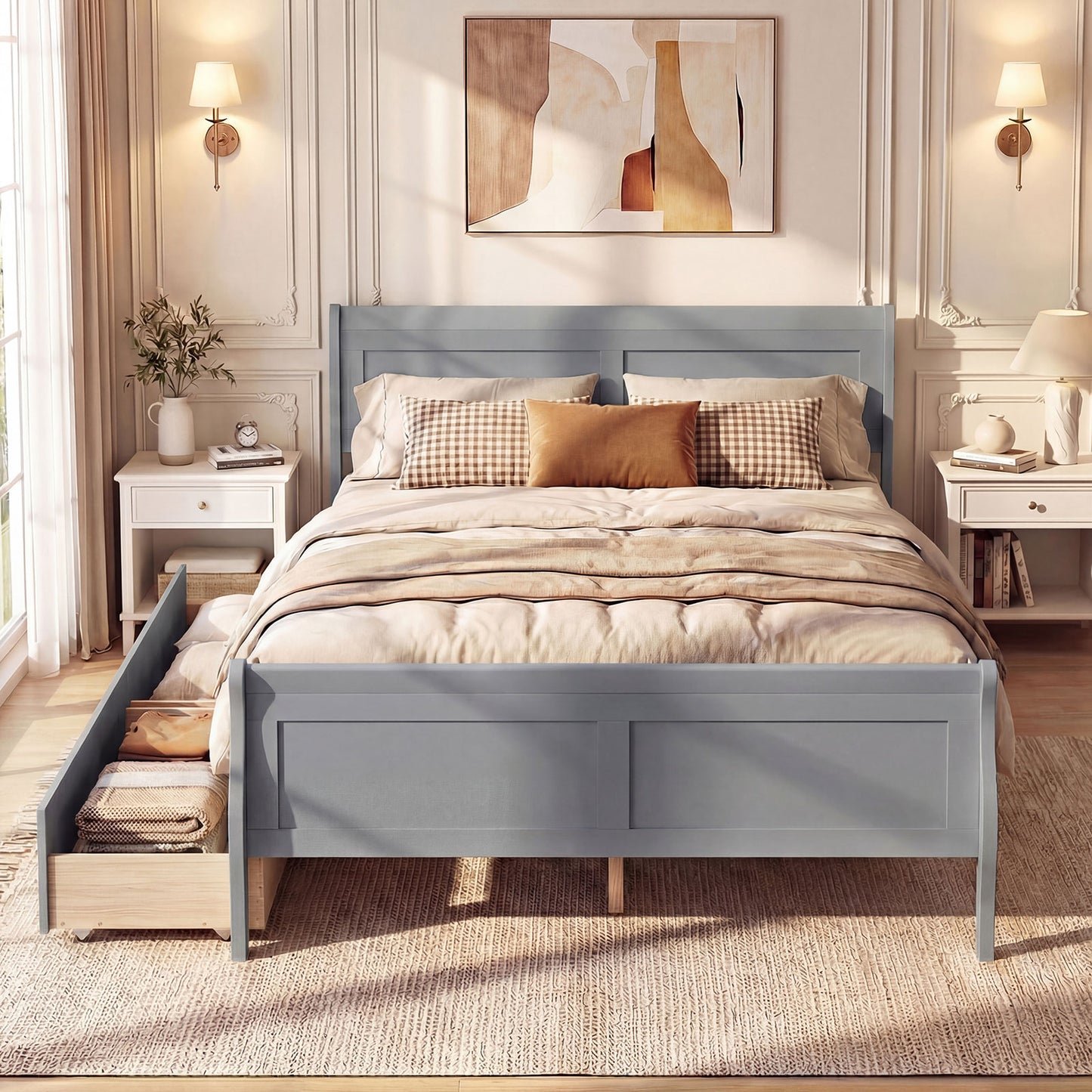 Full Size Bed Frame, 2 Storage Drawers, Footboard, Gray Simple Bed Frame at Gallery Canada