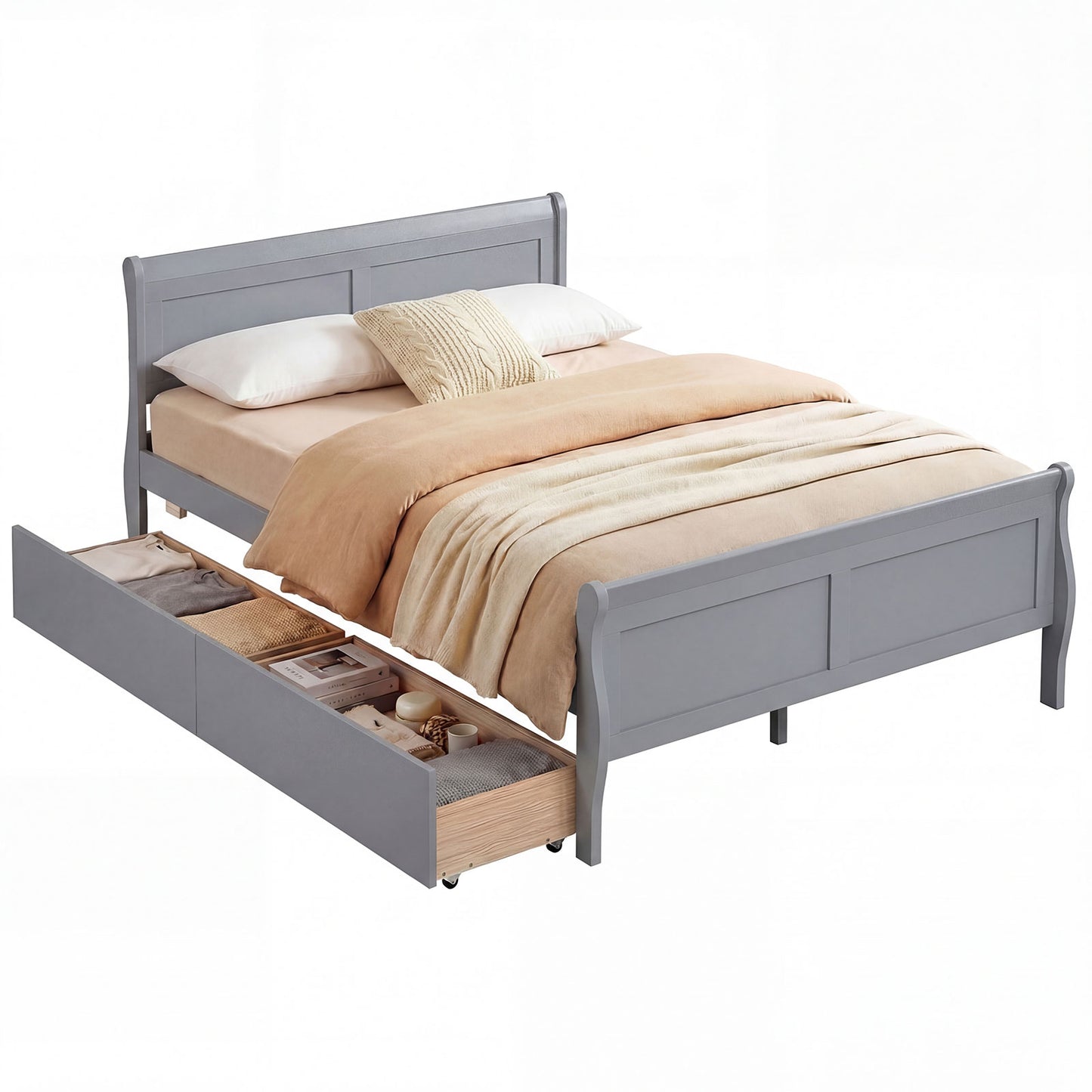 Full Size Bed Frame, 2 Storage Drawers, Footboard, Gray Simple Bed Frame at Gallery Canada