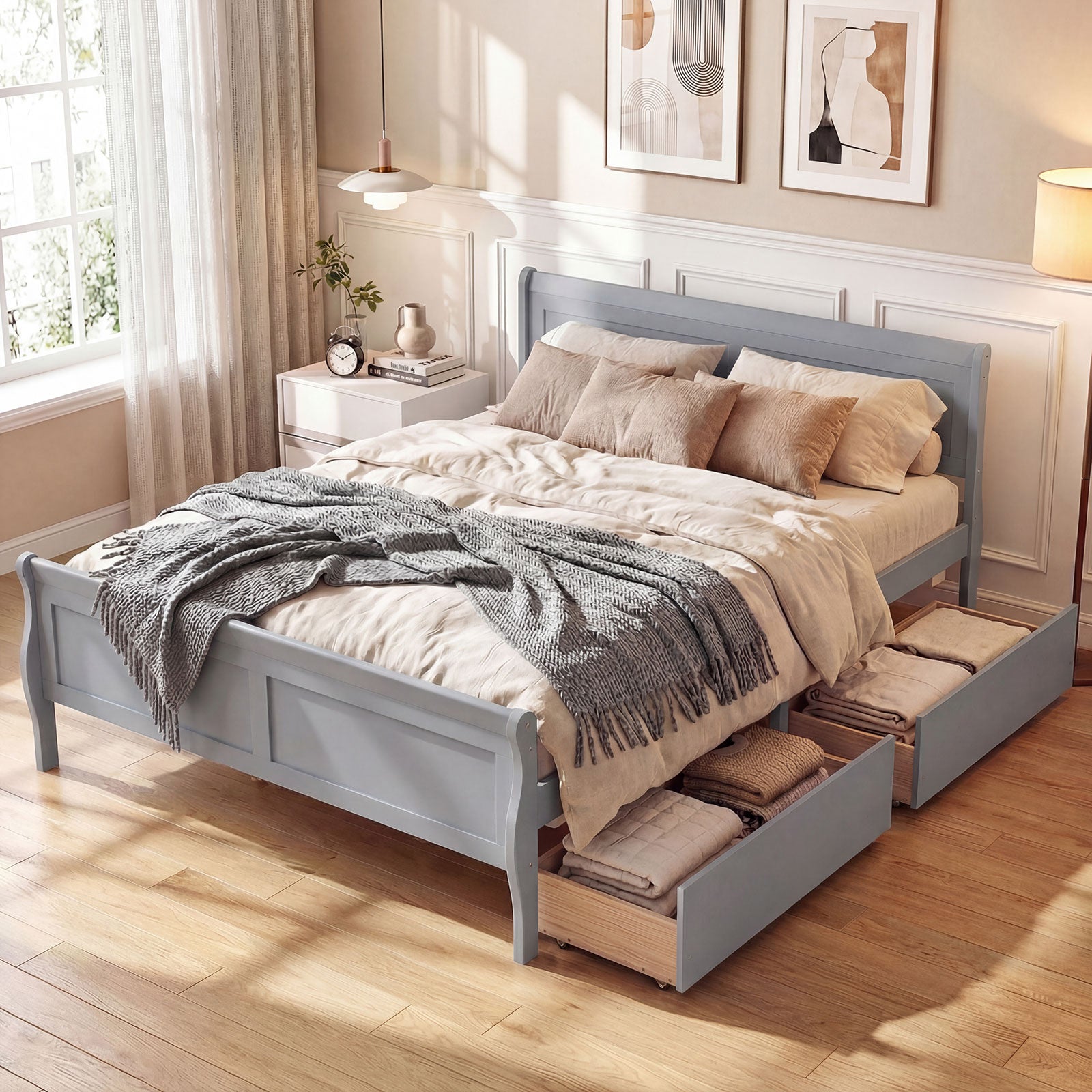 Full Size Bed Frame, 2 Storage Drawers, Footboard, Gray Simple Bed Frame at Gallery Canada