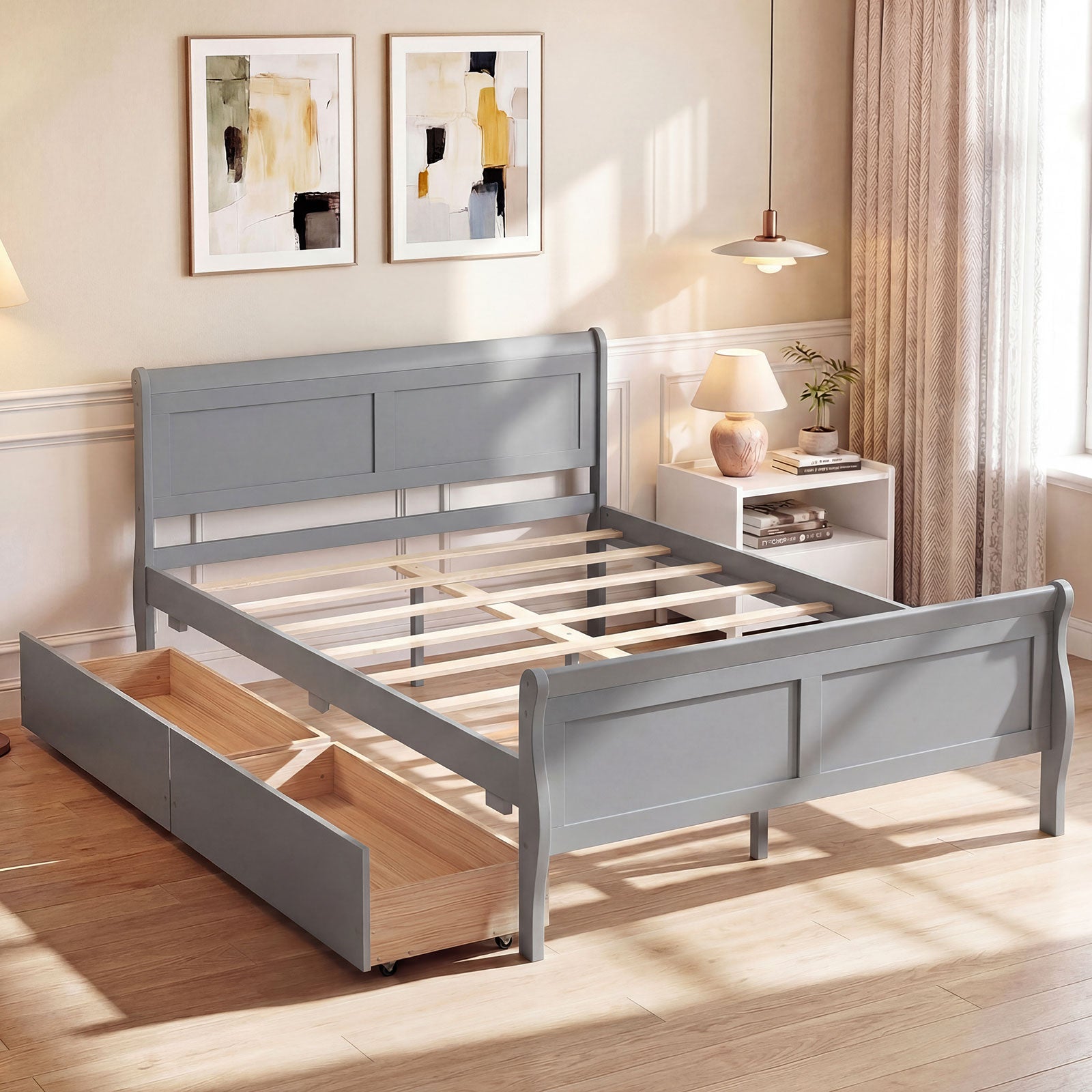 Full Size Bed Frame, 2 Storage Drawers, Footboard, Gray Simple Bed Frame at Gallery Canada