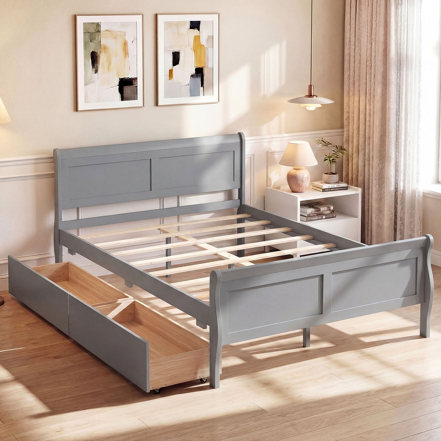 Full Size Bed Frame, 2 Storage Drawers, Footboard, Gray Simple Bed Frame at Gallery Canada