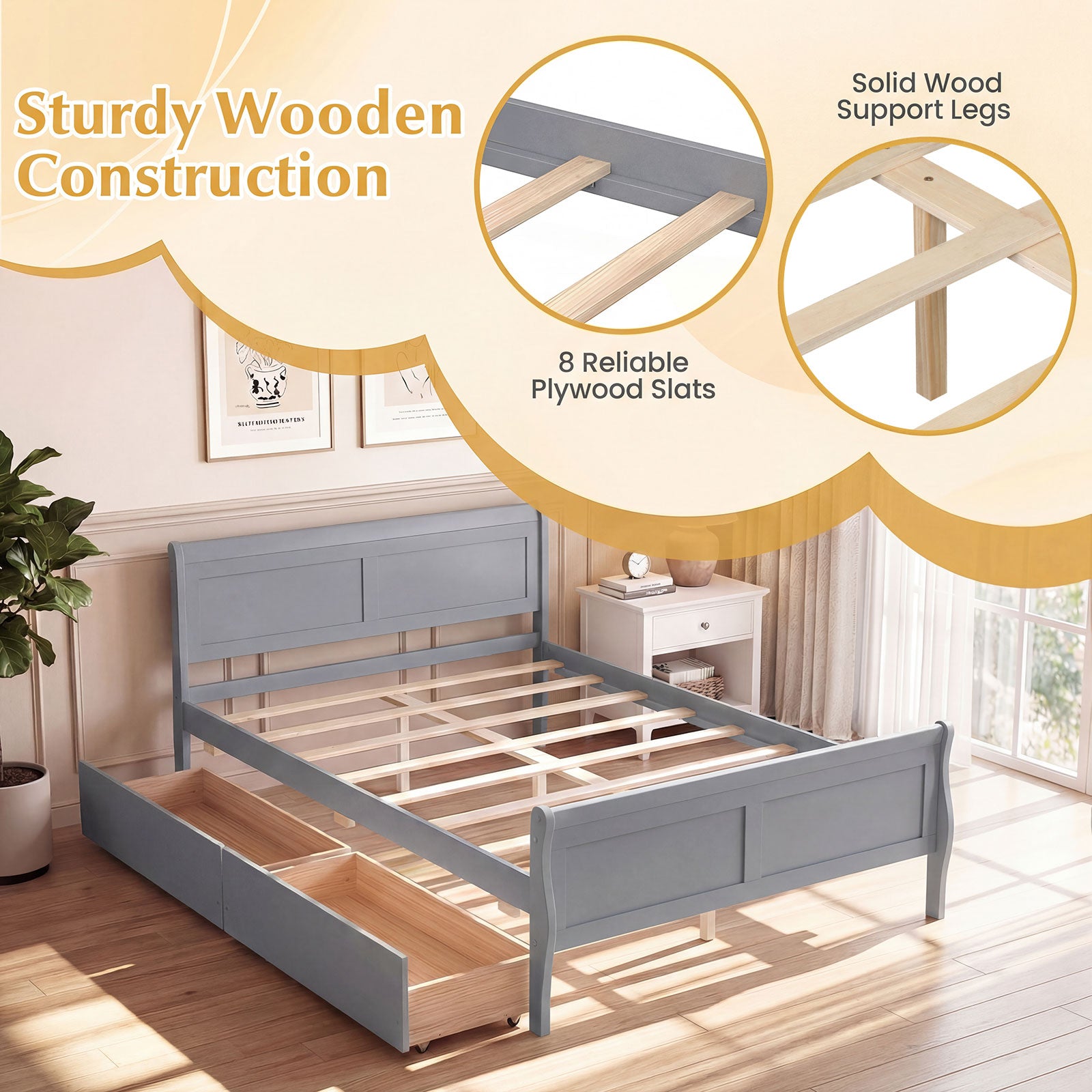 Full Size Bed Frame, 2 Storage Drawers, Footboard, Gray Simple Bed Frame at Gallery Canada