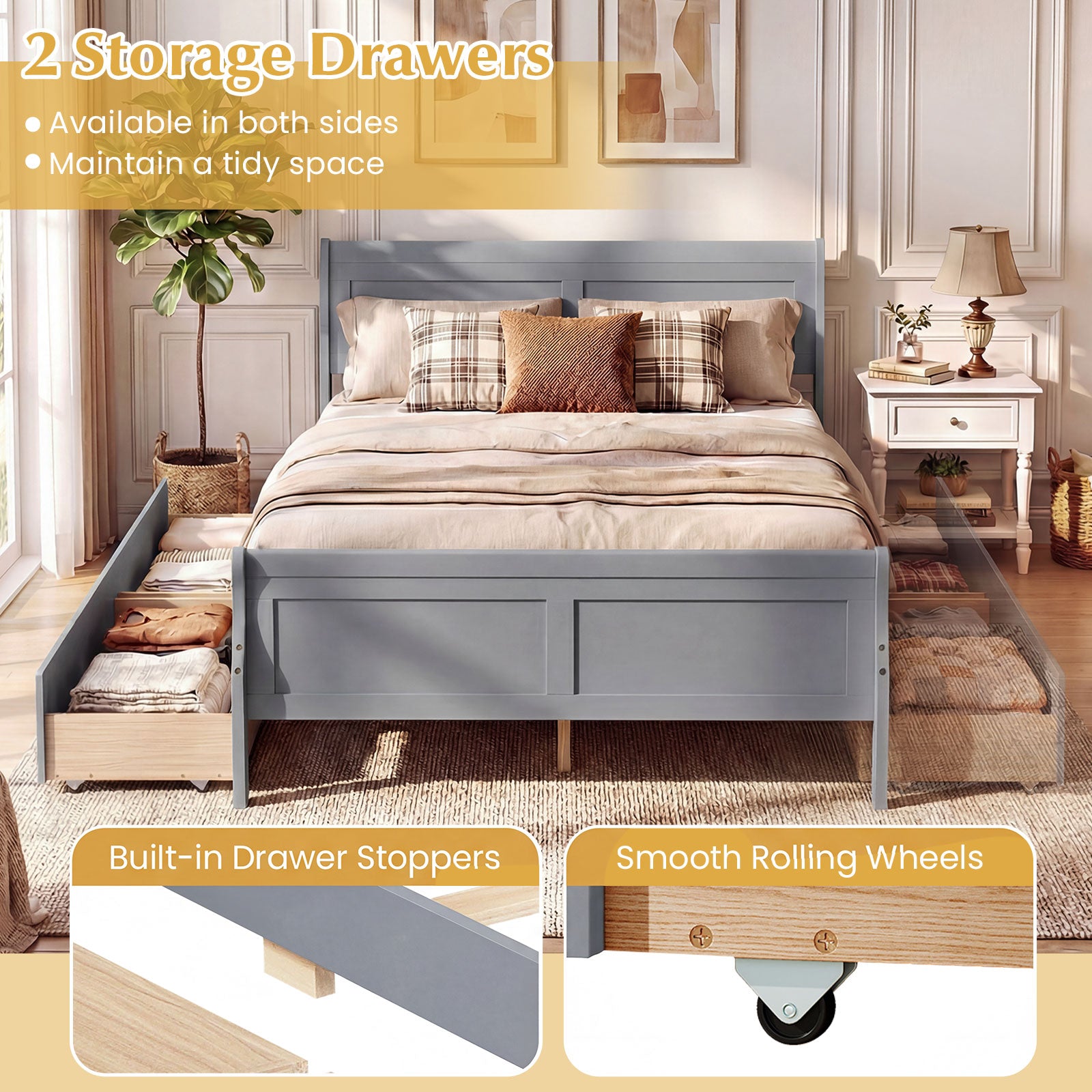 Full Size Bed Frame, 2 Storage Drawers, Footboard, Gray Simple Bed Frame at Gallery Canada