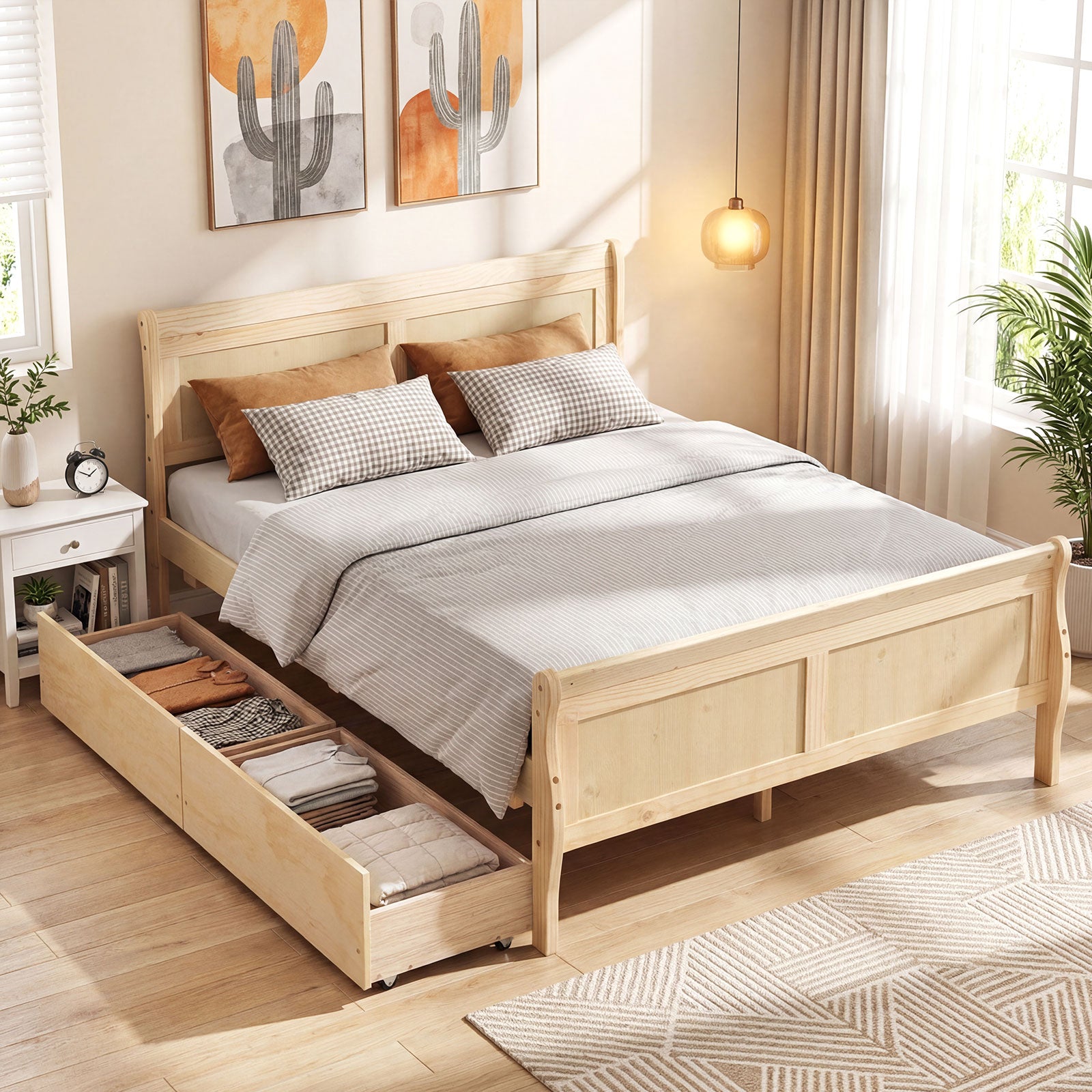 Full Size Bed Frame, 2 Storage Drawers, Footboard, Natural Simple Bed Frame at Gallery Canada