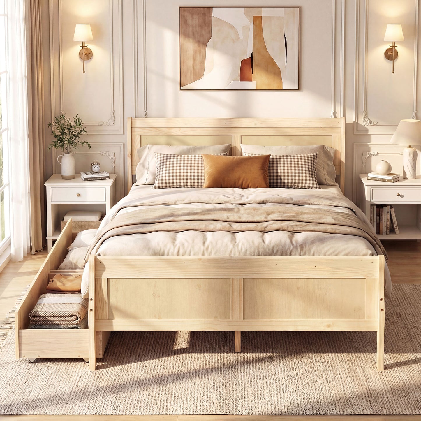 Full Size Bed Frame, 2 Storage Drawers, Footboard, Natural Simple Bed Frame at Gallery Canada