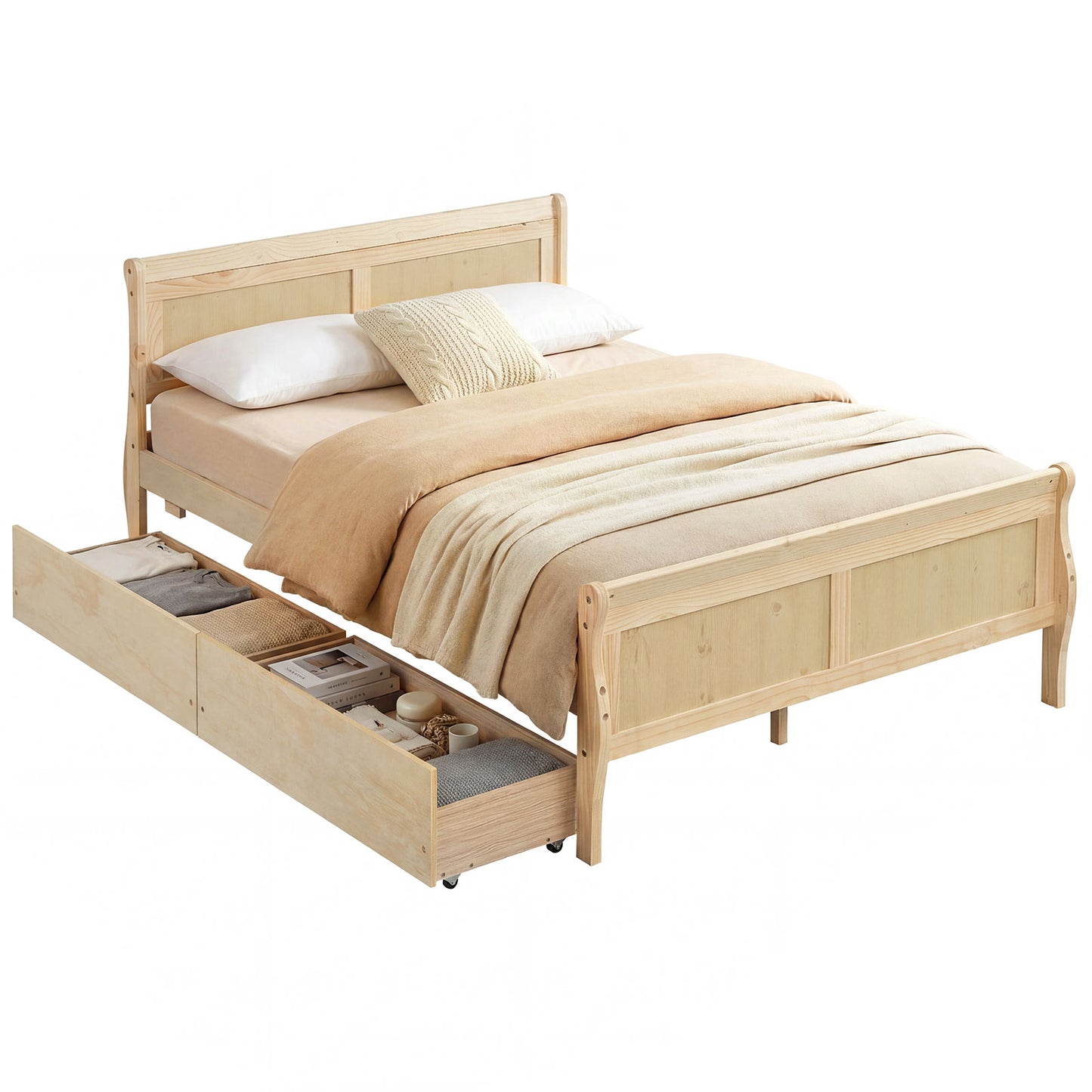 Full Size Bed Frame, 2 Storage Drawers, Footboard, Natural Simple Bed Frame at Gallery Canada