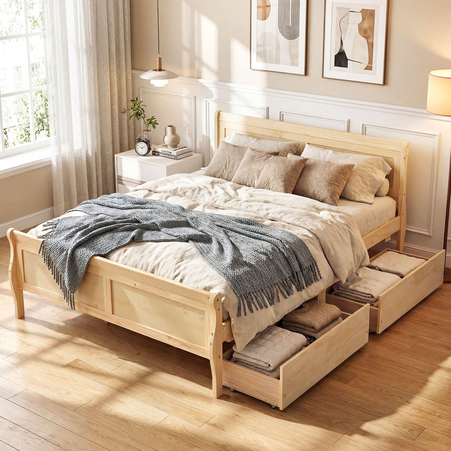 Full Size Bed Frame, 2 Storage Drawers, Footboard, Natural Simple Bed Frame at Gallery Canada