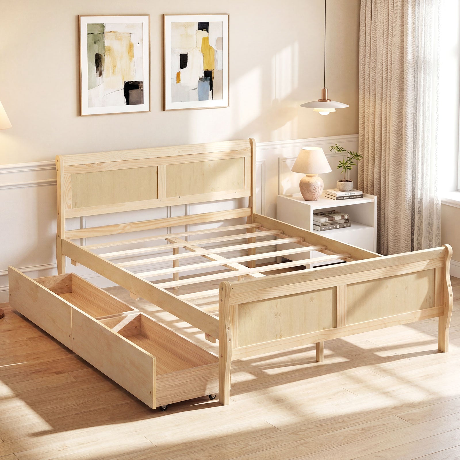 Full Size Bed Frame, 2 Storage Drawers, Footboard, Natural Simple Bed Frame at Gallery Canada