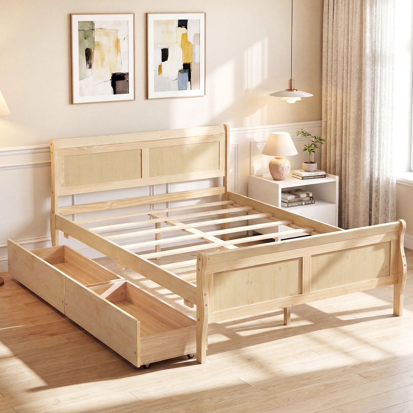 Full Size Bed Frame, 2 Storage Drawers, Footboard, Natural Simple Bed Frame at Gallery Canada