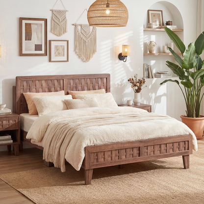 Full Size Bed Frame With Woven Headboard, Walnut Simple Bed Frame at Gallery Canada