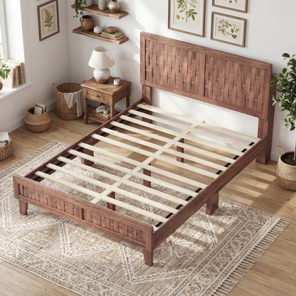 Full Size Bed Frame With Woven Headboard, Walnut Simple Bed Frame at Gallery Canada