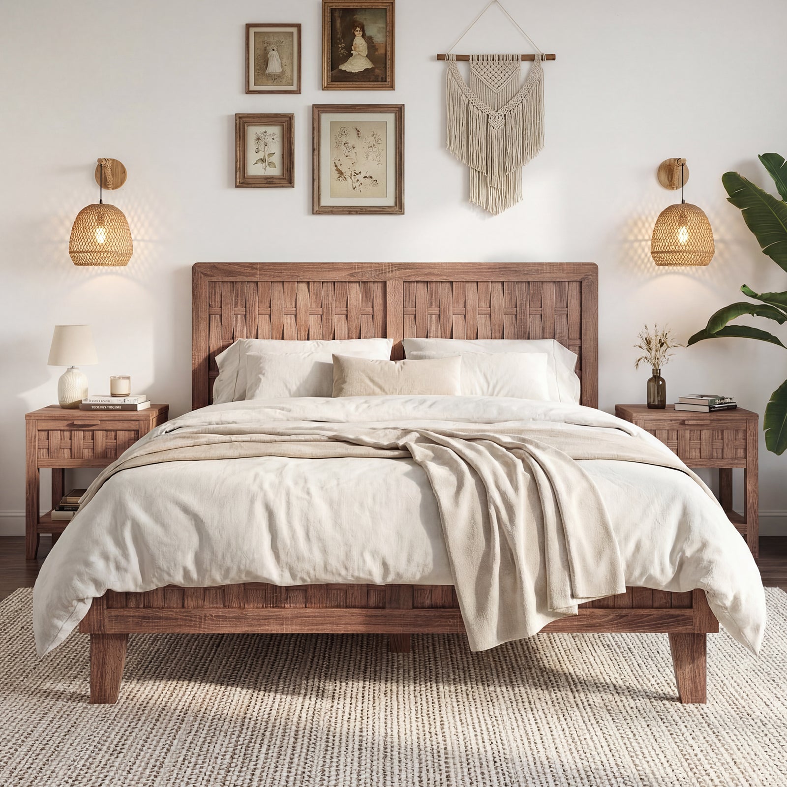 Full Size Bed Frame With Woven Headboard, Walnut Simple Bed Frame at Gallery Canada
