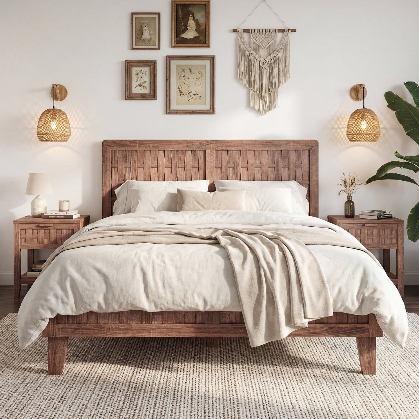 Full Size Bed Frame With Woven Headboard, Walnut Simple Bed Frame at Gallery Canada