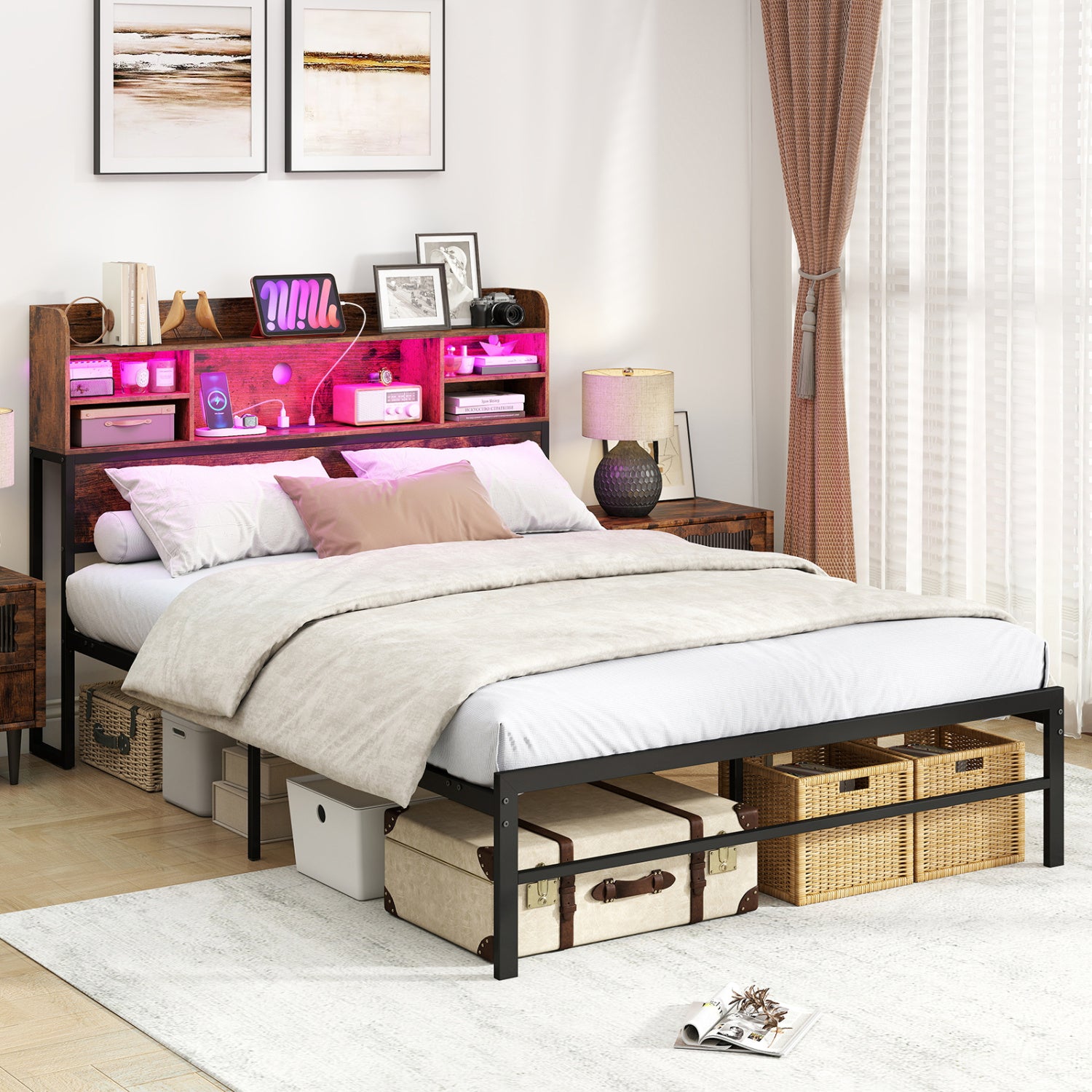 Full Size Bed Frame with LED Lights, Charging Station, Rustic Brown Simple Bed Frame at Gallery Canada