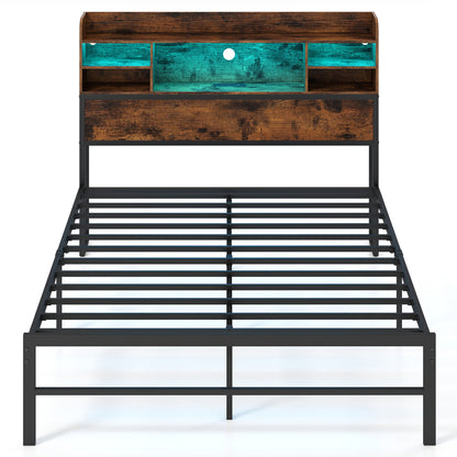 Full Size Bed Frame with LED Lights, Charging Station, Rustic Brown Simple Bed Frame Rustic Brown at Gallery Canada