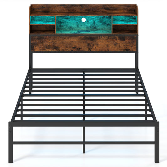 Full Size Bed Frame with LED Lights, Charging Station, Rustic Brown Simple Bed Frame Rustic Brown at Gallery Canada