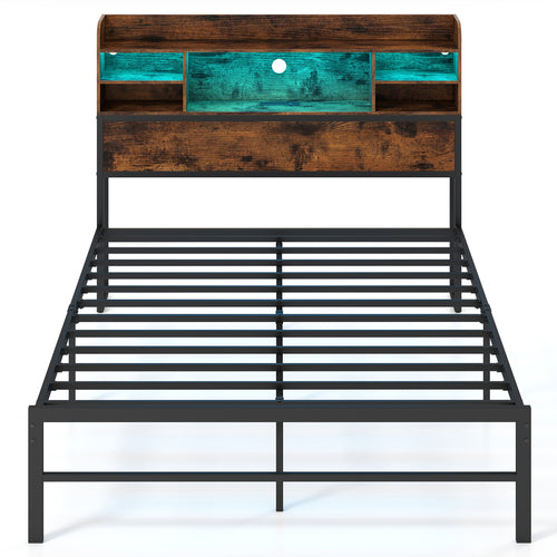Full Size Bed Frame with LED Lights, Charging Station, Rustic Brown