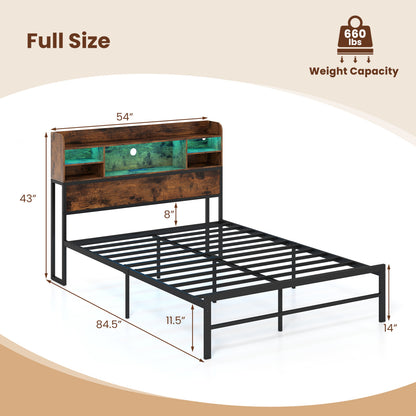 Full Size Bed Frame with LED Lights, Charging Station, Rustic Brown Simple Bed Frame at Gallery Canada