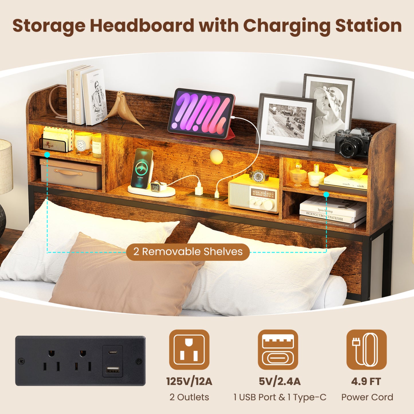 Full Size Bed Frame with LED Lights, Charging Station, Rustic Brown Simple Bed Frame at Gallery Canada
