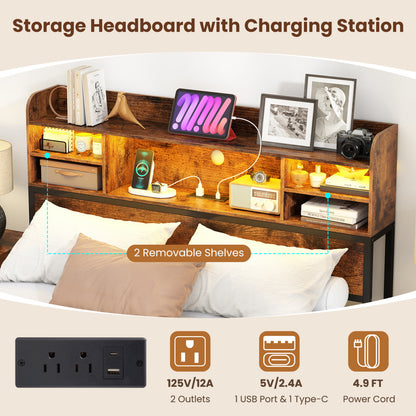 Full Size Bed Frame with LED Lights, Charging Station, Rustic Brown Simple Bed Frame at Gallery Canada