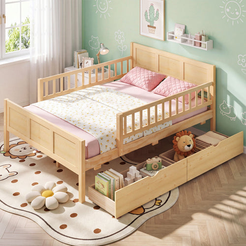 Full Size Bed Frame with Storage Drawers, Natural
